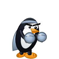 Fedora Atomic's Distro Fighter character, a customized penguin